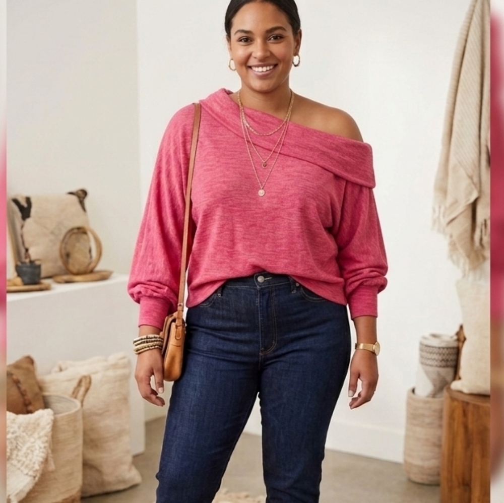 We The Free Off-Shoulder Rose-Pink Pullover Sweater